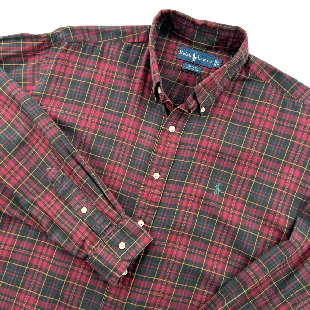 Ralph Lauren BLAKE Button Down Shirt Men L Red Plaid Oversized Fit Fall Preppy